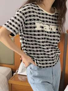 DAZY Camiseta holgada de mujer a cuadros negro y blanco