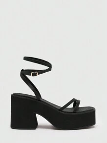 CUCCOO SZL 女性極簡風格粗跟坡跟涼鞋,踝帶優雅涼鞋 - 黑色 - 查看 3