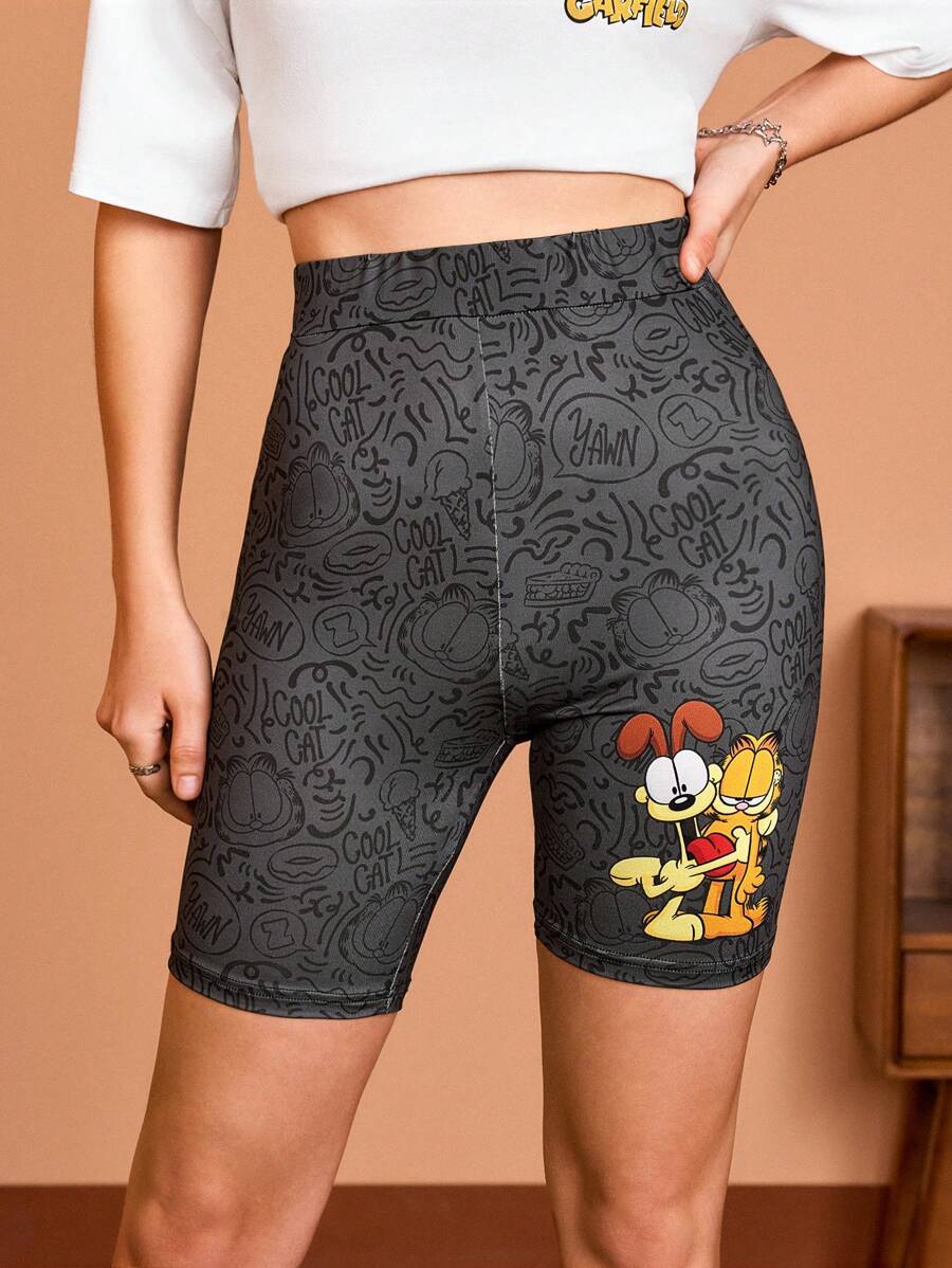 GARFIELD X SHEIN Women Casual Sports Cartoon Printed Elastic Waist Cycling Shorts Workout Black Leggings For Summer