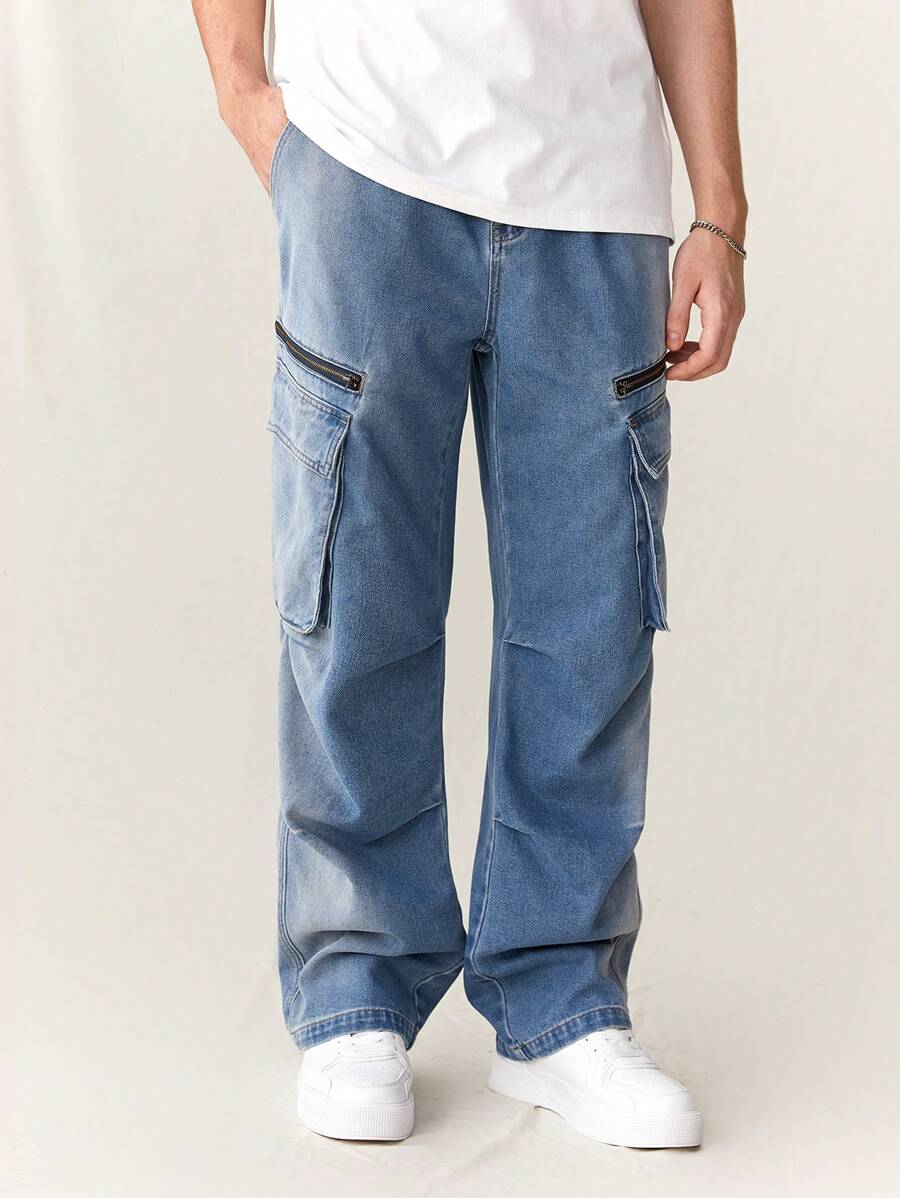 Manfinity Homme 男士拉鍊設計淺藍色牛仔工作服寬腳褲