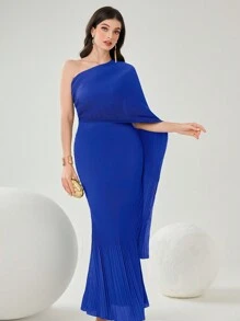 Modelyn Women's Elegant Solid Color Slim Fit Asymmetrical Collar Fish-Tail Long Dress