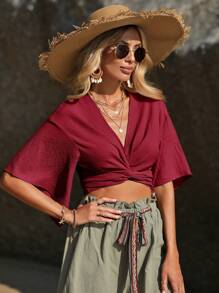 SHEIN VCAY Camisa de verano recortada para mujeres de unicolor con nudo frontal y mangas acampanadas para vacaciones - Burdeos - Ver 6