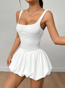SHEIN PETITE Sleeveless Tight-Fitting Lantern Dress Hem White Dress