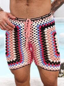 Manfinity RSRT Manfinity Men Sweater Shorts Red Shorts Crochet Knitted Color-Block Loose Shorts With Tied Detail And See-Through Design - Multicolor - View 7