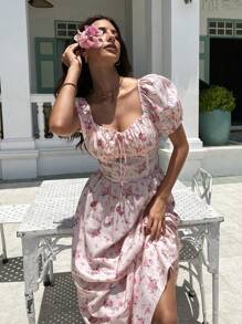 KARISMINA Holiday Women's Floral Print Puff Short Sleeve Dress,For Summer Vacation, Women Summer Clothing