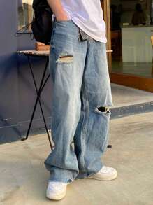 DAZY Men Straight-Leg Jeans With Ripped Design And Pockets, Suitable For All Seasons - Light Wash - View 3