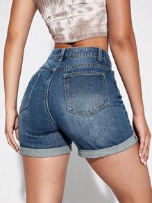 SHEIN Essnce Women's Fashionable High Waisted Slim Fit Denim Shorts With Distressed Design - Light Wash - View 2