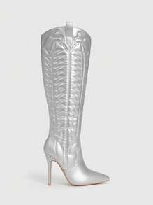 女性華麗銀線裝飾細部細跟跟經典靴