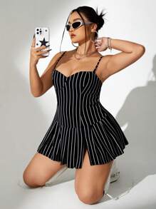 SHEIN ICON Plus Size Ladies Plunge Neckline Backless Cross Straps Waist-Tie Pleated Dress With High Front Slit