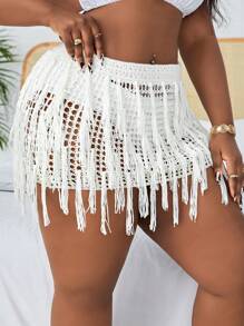 SHEIN Slayr CURVE 夏日沙灘大碼假期純色空心針織流蘇修身迷你遮陽裙套裝 - 白色 - 查看 5