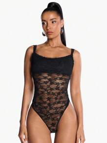 SHEIN BAE Body de encaje negro transparente de Victoria Secret para el verano, traje de baño de mujer para el concierto del país y 4 de julio - Negro - Ver 3