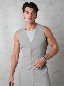 Forever 21 Men's Business Button Front Sleeveless Suit Waistcoat Vest In Grey, For Spring And Summer - Light Grey - View 5