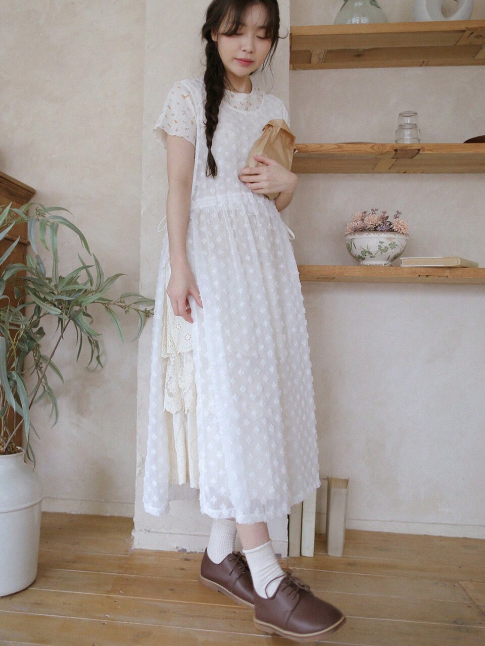 Women Loose Lace Suspenders Dress With Jacquard Pattern, Side-Tied And Wide Straps For Summer Sundress Maxi Dress