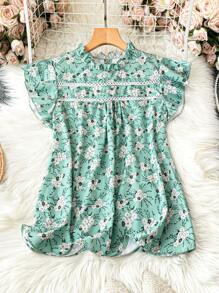Celure Plus Size Women Summer Floral Printed Stand Collar Ruffle Cap Sleeve Loose Blouse