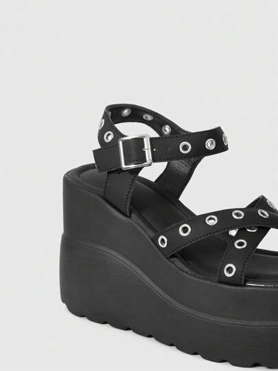 Our Grunge Punk Women's Gothic Cross Strap Buckle Wedge