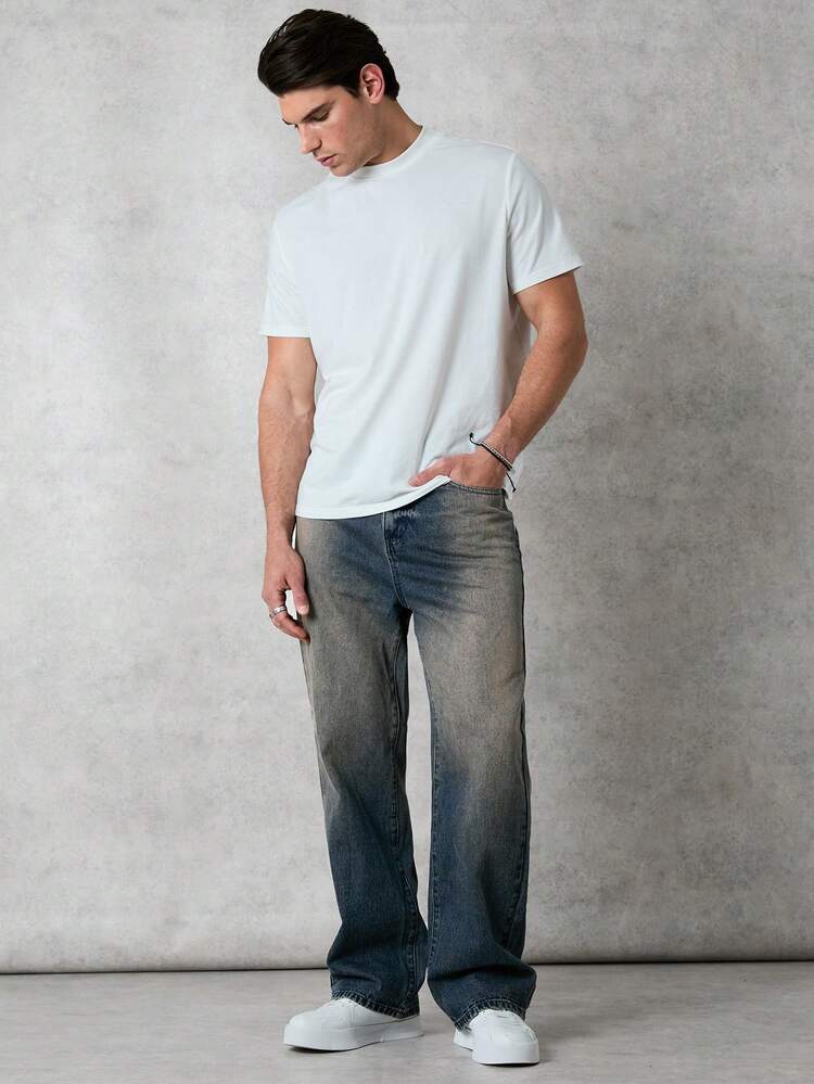 Men Retro Black Washed Loose Straight Leg Jeans With Distressed Details