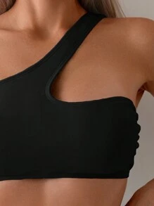 SHEIN Swim 女士純色一字肩無袖性感比基尼套裝，適用於渡假 - 黑色 - 查看 5