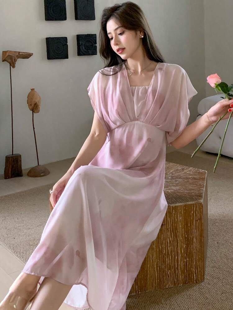 Women's Summer Elegant Tie Dye Printed Pleated Waist Dress SunDress