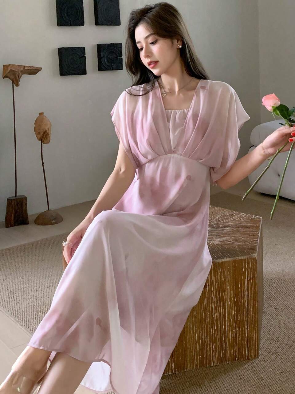 Women's Summer Elegant Tie Dye Printed Pleated Waist Dress SunDress