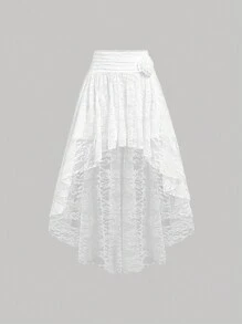 SHEIN MOD Summer White Lace Textured High Waist 3D Floral Decorated Waist Slimming Pleated Skirt - White - View 1