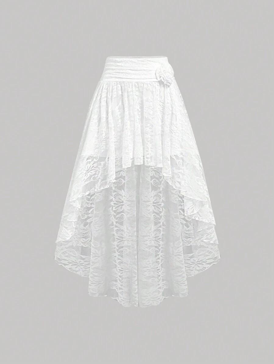 SHEIN MOD Summer White Lace Textured High Waist 3D Floral Decorated Waist Slimming Pleated Skirt - White - View 1