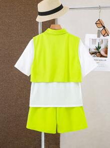 Tween-Jungen 3-teiliges Set mit lässigem, kurzärmligem T-Shirt im koreanischen Urlaubsstil, Tanktop mit Kragen und Shorts Einfarbig, Strick-Outfits