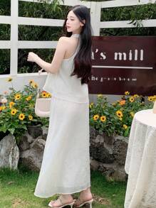 DAZY Bộ váy dài có cổ đứng thanh lịch dành cho nữ, mùa hè - Màu be - Xem 5