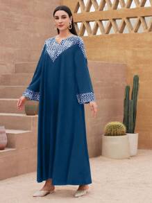 Al Najma 博霍風格印花拼接長裙，帶飄帶袖，適合度假和休閒 - 藍色 - 查看 8