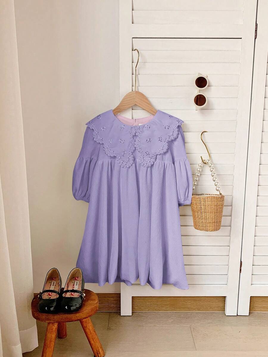 SHEIN Young Girl Loose Casual Embroidery Lantern Sleeve Midi Dress With Wide Neckline