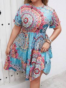 SHEIN Clasi Vestido de verano para mujer de talla grande con cuello redondo, mangas cortas y estampado floral para vacaciones - Celeste - Ver 3