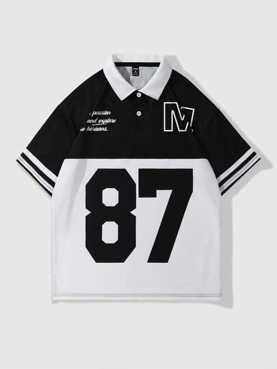 Street Life Men's Splicing Color Block Letter & Number Print Short Sleeve Polo Shirt, Summer