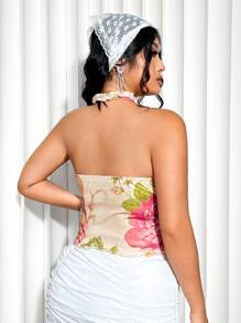 SHEIN ICON Talla grande Verano Ajuste Delgado Profundo Escote en V con parte superior de halter con estampado floral