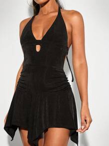 SHEIN BAE Solid Black Summer Halter Neck Hollow Out Ruched Asymmetrical Mini Dress, Techno Club Night Rave Outfit For Girls' Night Out,Holiday Party Wear - Black - View 3