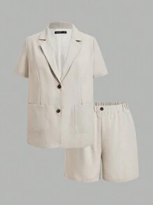 SHEIN Clasi 大碼簡約休閒分型領單排釦短袖西裝外套和短褲套裝 - 杏色 - 查看 3