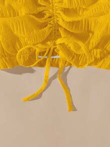 Breezaya Drawstring Front Frill Trim Crop Blouse,Short Sleeve Tops - Yellow - View 4