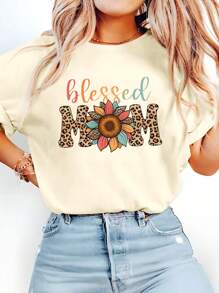 SHEIN LUNE 豹紋印花圖案字體搭配 圓領短袖T恤，適合母親節及休閒穿著 - 杏色 - 查看 1