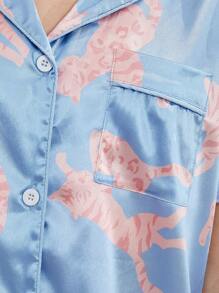 Tween Girl Blue Simple Style Full Printed Tiger Pattern Short Sleeve Cardigan Buttoned Sleep Dress Home Clothes One Piece Set - Blue - View 6