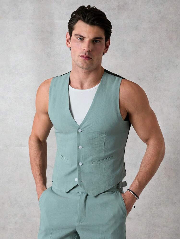 Men's Slim Solid Summer Button Up Waistcoat