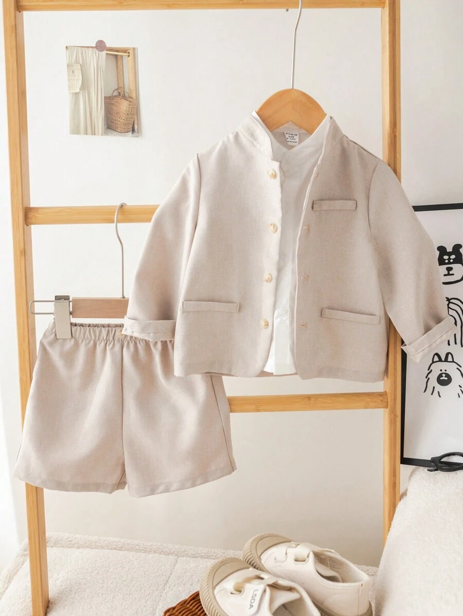 SHEIN 嬰兒男孩立領長袖針織外套、純色短袖襯衫和純色褲子三件套裝