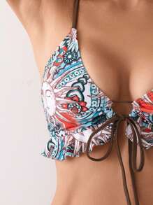 SHEIN Swim 婦女復古印花休閒綁帶背心和束口泳裤比基尼套裝，夏季海灘泳裝 - 彩色 - 查看 5
