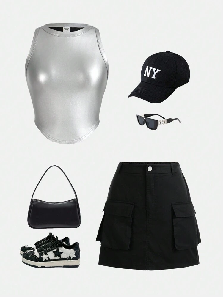 Teen Girl Metal Coating Print Arc Swing Top And Asymmetrical Skirt Outfits With Workwear Style And Accordion Pockets For Summer