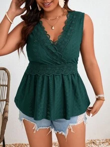 SHEIN Frenchy Plus Size Black Lace Patchwork Babydoll Tank Top - Dark Green - View 1