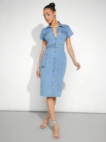 Denimoi Button Up Belted Bodycon Denim Dress - Light Wash - View 4