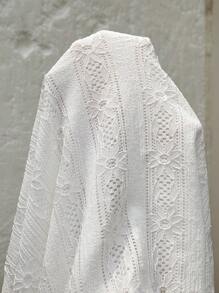 SHEIN Privé 白色夏季優雅絲滑大尺碼婚禮賓客鏤空針織短袖洋裝，彈性腰身A字裙襬，適合畢業典禮、購物、旅行 - 白色 - 查看 6