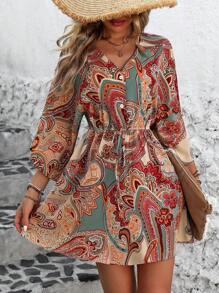 SHEIN LUNE Vestido recto holgado de manga murciélago con cuello en V y estampado de plantas para mujer en vacaciones de verano