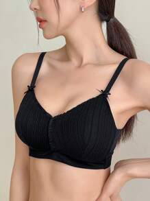 DAZY 简约条纹纹理蝴蝶结装饰文胸无钢圈，返校服 - 黑色 - 查看 1