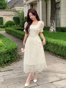 DAZY 女士方领网纱拼接短袖夏季连衣裙舞会礼服优雅女装