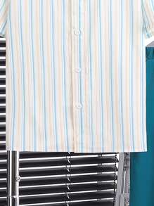 SHEIN 少年男孩優雅條紋短袖襯衫,帶可拆式吊帶和長褲紳士套裝2入組 - 綠色 - 查看 6