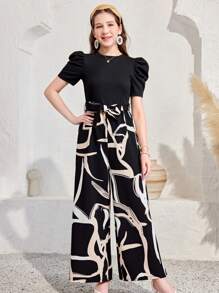 SHEIN 少女黑白幾何圖案連身褲，配蝴蝶結腰帶，七分袖寬褲，彈性腰圍，度假休閒兩用2合1設計 - 黑與白 - 查看 4