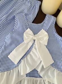 SHEIN Young Girl Casual Blue And White Checkered Set With Bow Back Design And Ruffle Hem - Blue and White - View 2